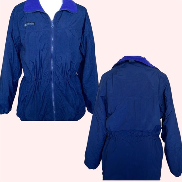 Columbia 90s Ski Jacket Navy Nylon Royal Blue Fleece Cinch Waist Size Medium - Picture 2 of 11